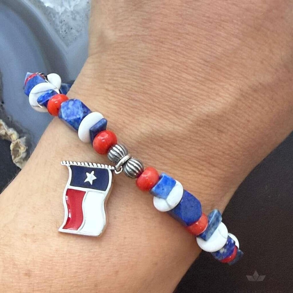 Carolyn Pollack Sterling Silver Multi Gemstone Bead w/Texas Flag Charm Bracelet